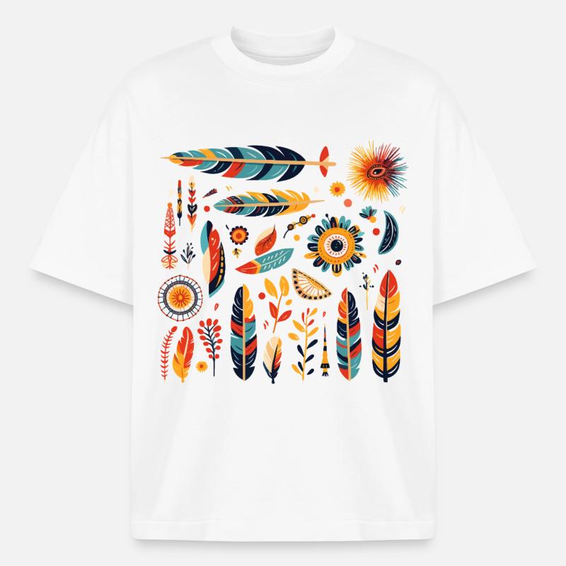 Boho Feather and Flowers Pattern - Boxy Heavyweight Unisex Organic T-Shirt by Stanley/Stella - white