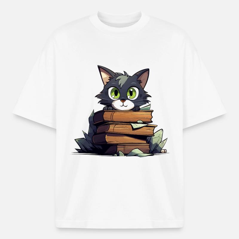 Cat Book Stack - Heavyweight Boxy Unisex T-Shirt by Stanley/Stella - white