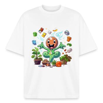 Cheerful plant superhero - Boxy Heavyweight Unisex Organic T-Shirt by Stanley/Stella - white - Front - AI Model Male 185 light (185cm) & AI Model Female 172 dark (172cm)