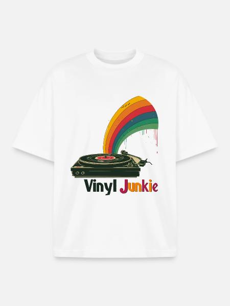 Vinyl Junkie Retro Turntable Design - Boxy Heavyweight Unisex Organic T-Shirt by Stanley/Stella - white