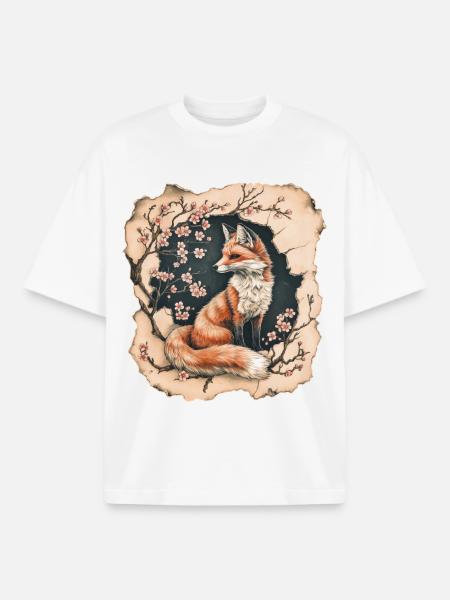 Fox with cherry blossoms - Boxy Heavyweight Unisex Organic T-Shirt by Stanley/Stella - white