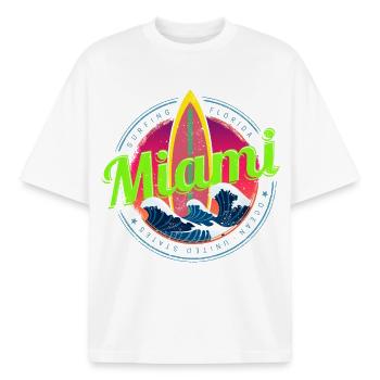 Miami Florida Surf Design Vintage Souvenir - Boxy Heavyweight Unisex Organic T-Shirt von Stanley/Stella - Weiß - Vorne - AI Model Male 185 light (185cm) & AI Model Female 172 dark (172cm)