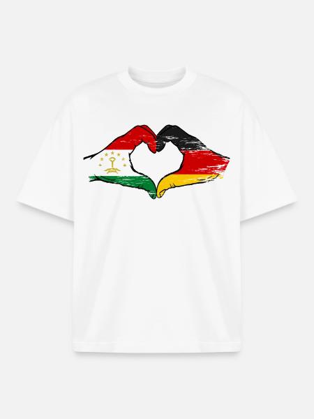 Tajikistan Germany Flag Hands Heart Shape - Boxy Heavyweight Unisex Organic T-Shirt by Stanley/Stella - white