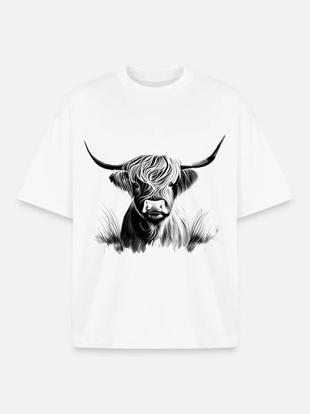Highland Cattle Rind Illustration - Boxy Heavyweight Unisex Organic T-Shirt by Stanley/Stella - white