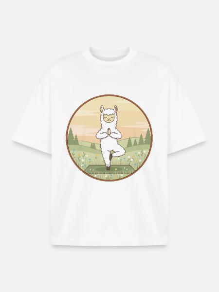 Yoga Llama Alpaca Doing Tree Pose - Boxy Heavyweight Unisex Organic T-Shirt by Stanley/Stella - white