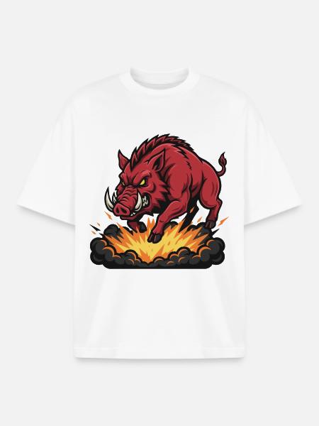 Red Boar Fire Blast Mascot Boar - Boxy Heavyweight Unisex Organic T-Shirt by Stanley/Stella - white