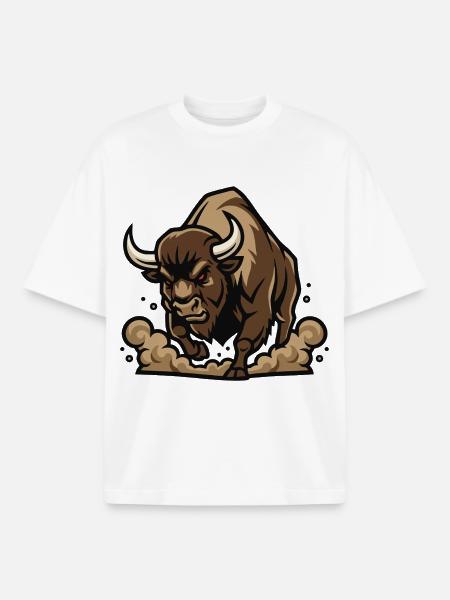 Wild Bison Charge Mascot Buffalo - Boxy Heavyweight Unisex Organic T-Shirt by Stanley/Stella - white