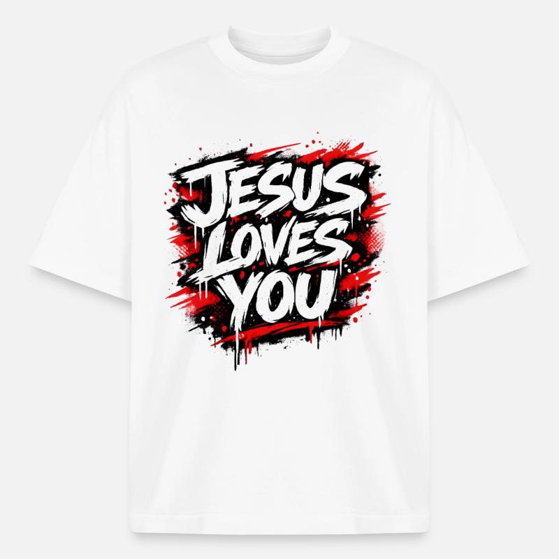 Déclaration de graffiti Jésus t’aime - T-shirt unisexe boxy épais biologique Stanley/Stella - blanc