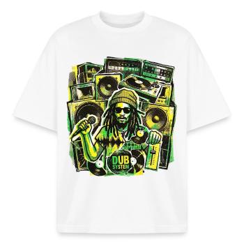 Système de son Dub Reggae - T-shirt unisexe boxy épais biologique Stanley/Stella - blanc - Devant - AI Model Male 185 light (185cm) & AI Model Female 172 dark (172cm)