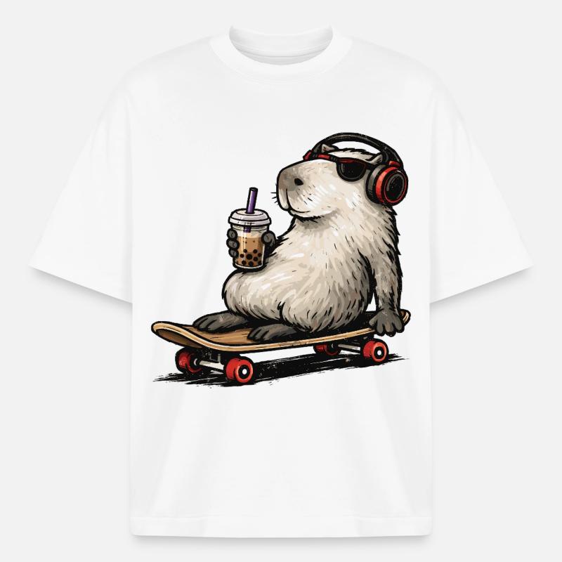 Capybara Skateboard Bubble Tea - T-shirt unisexe épais coupe boxy Stanley/Stella - blanc