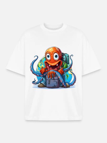 Travel Octopus with Globe - Boxy Heavyweight Unisex Organic T-Shirt by Stanley/Stella - white