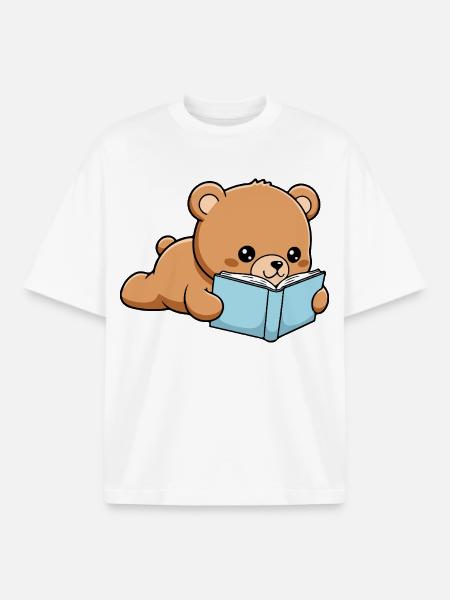 Book Bear Funny Bear reading Book - Boxy Heavyweight Unisex Organic T-Shirt by Stanley/Stella - white