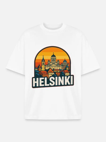 Helsinki Finland Retro Sunset Skyline Art - Boxy Heavyweight Unisex Organic T-Shirt by Stanley/Stella - white