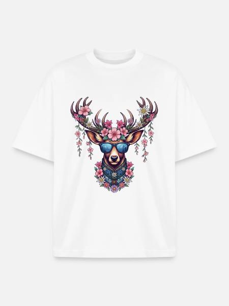 Trachtenshirt Damen Trachten T-Shirt Hirsch weiß - Stanley/Stella unisex boxy heavyweight T-shirt økologisk - hvid