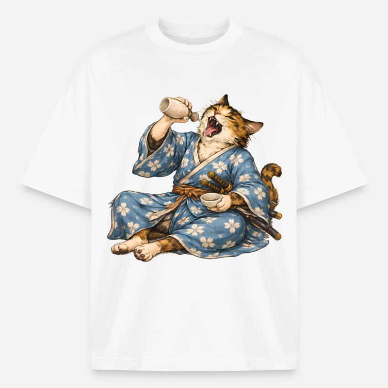 Samurai-Katzen-Sake im japanischen Ukiyo-e-Stil - Boxy Heavyweight Unisex Organic T-Shirt von Stanley/Stella - Weiß