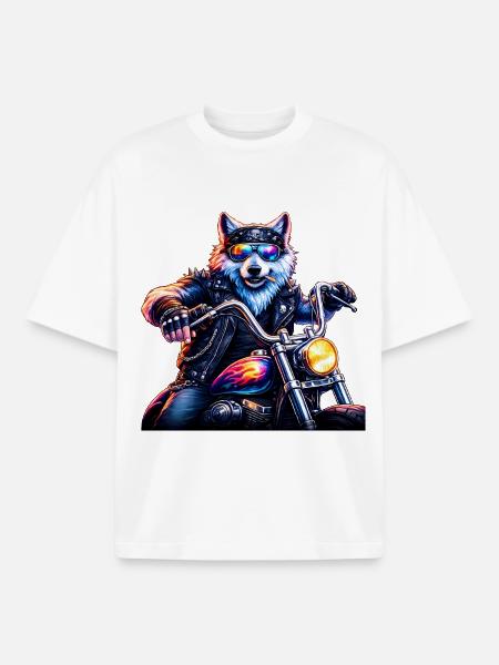 Neon Biker Wolf Motorcycle Animal - Boxy Heavyweight Unisex Organic T-Shirt by Stanley/Stella - white