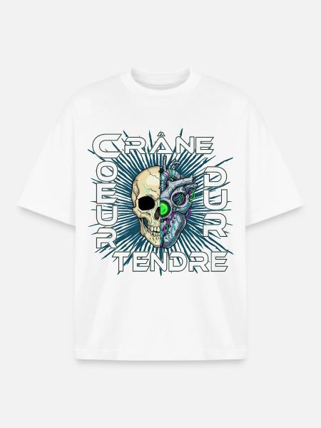 CrâneCoeur - Crâne dur Cœur tendre - T-shirt unisexe boxy épais biologique Stanley/Stella - blanc