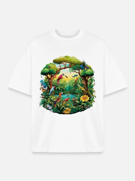 Vibrant Jungle Bird Parade - Boxy Heavyweight Unisex Organic T-Shirt by Stanley/Stella - white
