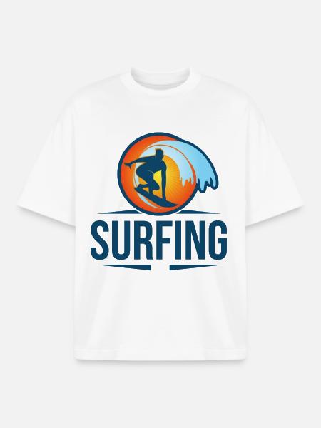 Surfing Retro Waves Silhouette Sunset - Boxy Heavyweight Unisex Organic T-Shirt by Stanley/Stella - white