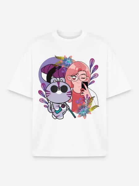 Kawaii Selfie & Visually Impaired Cat - Boxy Heavyweight Unisex Organic T-Shirt by Stanley/Stella - white