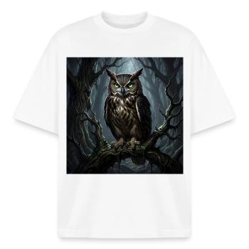 Eagle Owl Guardian of the Forest - Boxy Heavyweight Unisex Organic T-Shirt by Stanley/Stella - white - Front - AI Model Male 185 light (185cm) & AI Model Female 172 dark (172cm)