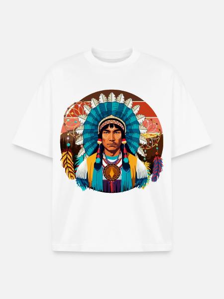 Native American Chief Powerful Portrait - Boxy Heavyweight Unisex Organic T-Shirt by Stanley/Stella - white