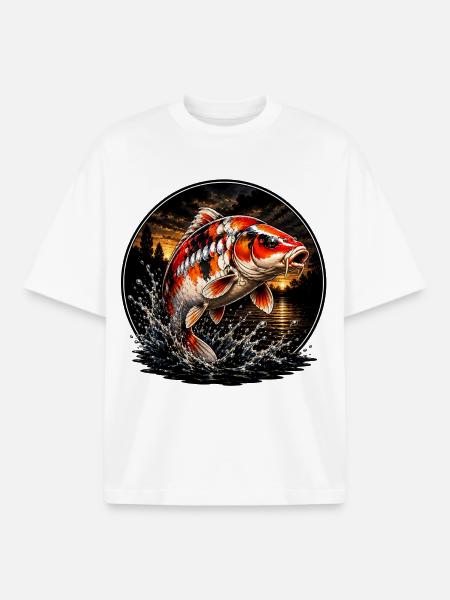 Red White Koi Carp Sunset Design - Boxy Heavyweight Unisex Organic T-Shirt by Stanley/Stella - white