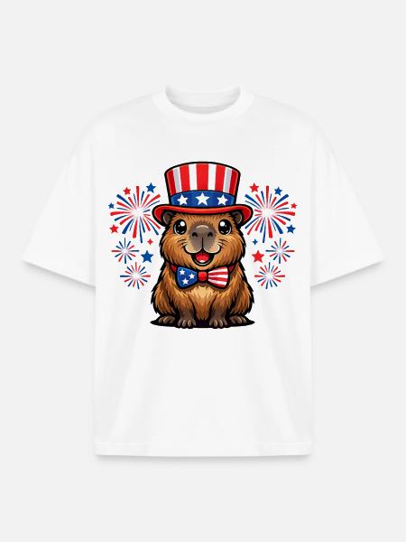 Capybara Wasserschwein Patriot Independence Day - Boxy Heavyweight Unisex Organic T-Shirt by Stanley/Stella - white