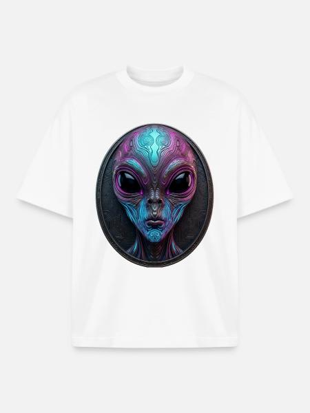 Neon Alien Medallion Sci-Fi Art - Boxy Heavyweight Unisex Organic T-Shirt by Stanley/Stella - white