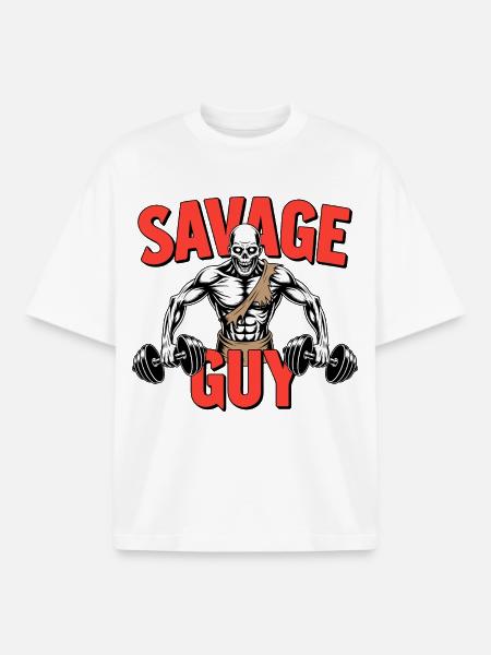 Savage Gym Skeleton Bodybuilding - Boxy Heavyweight Unisex Organic T-Shirt by Stanley/Stella - white