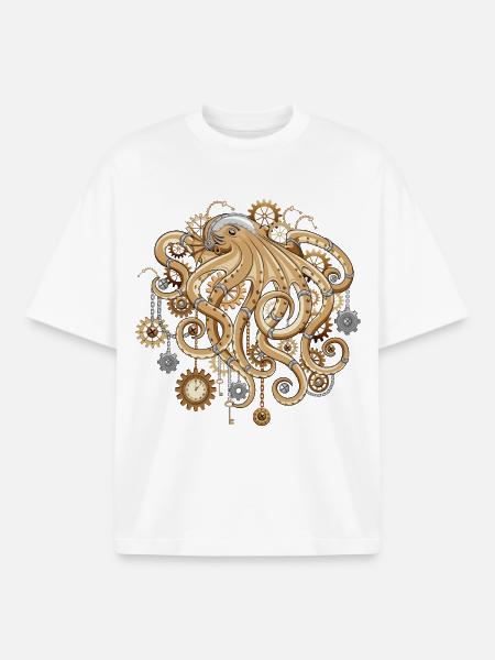 Steampunk Octopus Retro Mechanical Fantasy - Boxy Heavyweight Unisex Organic T-Shirt by Stanley/Stella - white