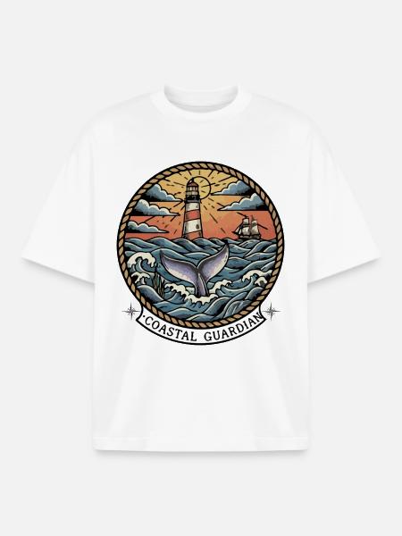 Leuchtturm-Walschiff Küstenwächter-Abzeichen Retro - Boxy Heavyweight Unisex Organic T-Shirt von Stanley/Stella - Weiß