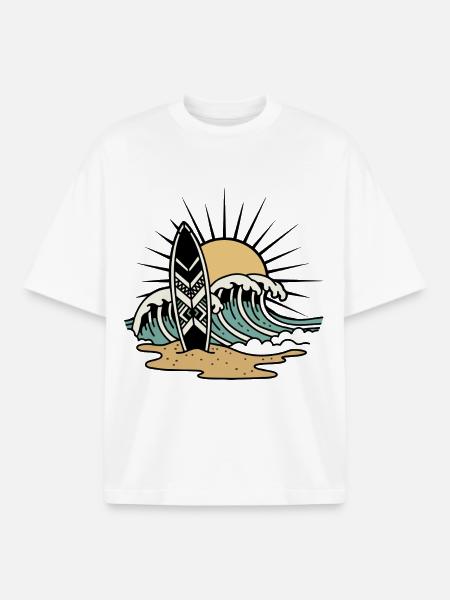 Surfboard Waves Ocean Sun Retro Tattoo - Boxy Heavyweight Unisex Organic T-Shirt by Stanley/Stella - white