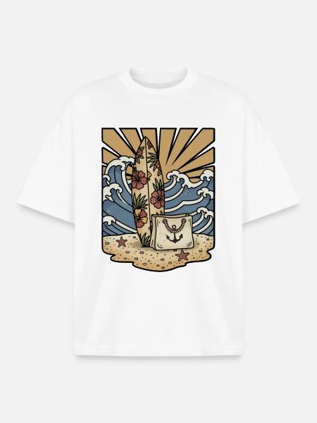 Surfbrettblumen Hibiskustasche Strand-Retro - Boxy Heavyweight Unisex Organic T-Shirt von Stanley/Stella - Weiß