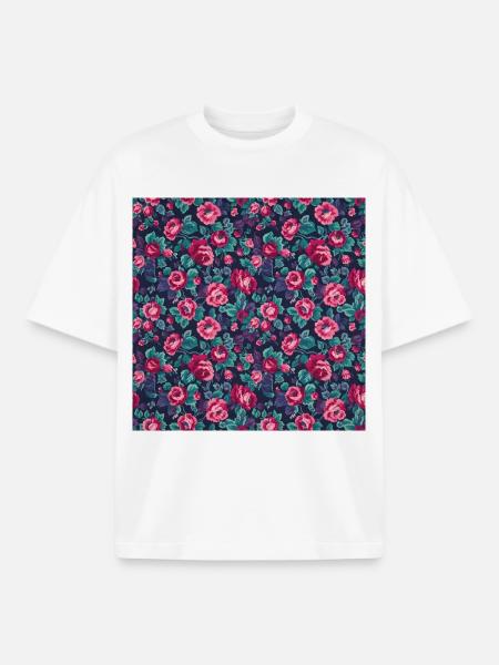 50s-colorful-roses-navy-pattern - Boxy Heavyweight Unisex Organic T-Shirt by Stanley/Stella - white