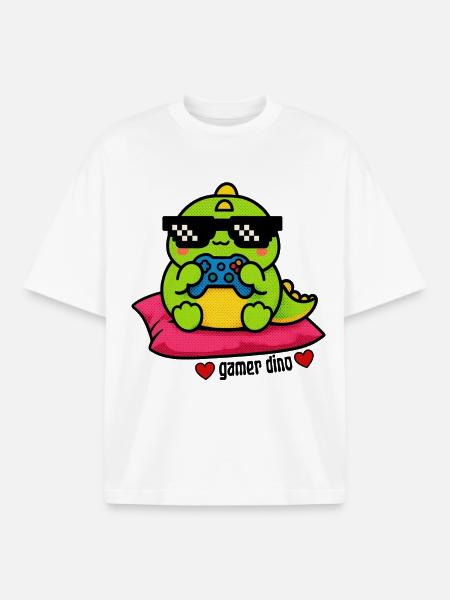 Gamer Dino with Game Controller - Boxy Heavyweight Unisex Organic T-Shirt by Stanley/Stella - white