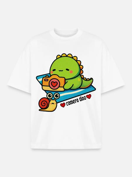 Camera dinosaur with snail friend - Boxy Heavyweight Unisex Organic T-Shirt by Stanley/Stella - white