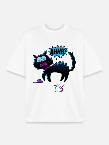 Chat effrayé par la souris - T-shirt unisexe boxy épais biologique Stanley/Stella - blanc