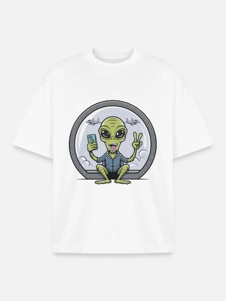 Alien Selfie With Fighter Jets - Boxy Heavyweight Unisex Organic T-Shirt by Stanley/Stella - white