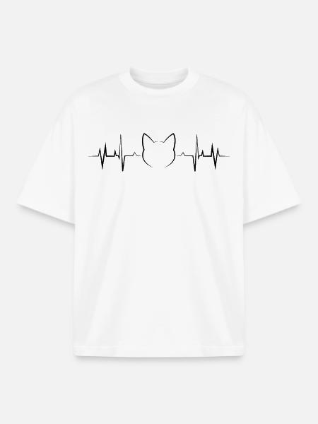 Heartbeat Cat Amante degli animali ECG - T-shirt unisex boxy pesante biologica di Stanley/Stella - bianco