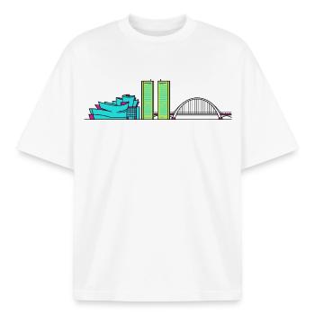 Silhouette urbaine de Bilbao Guggenheim Art moderne en ligne - T-shirt unisexe boxy épais biologique Stanley/Stella - blanc - Devant - AI Model Male 185 light (185cm) & AI Model Female 172 dark (172cm)