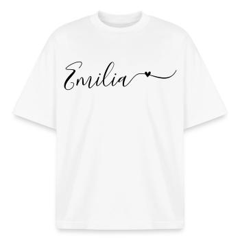 Emilia Name First Name Decorative - Boxy Heavyweight Unisex Organic T-Shirt by Stanley/Stella - white - Front - AI Model Male 185 light (185cm) & AI Model Female 172 dark (172cm)