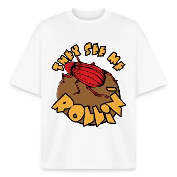 They See Me Rollin, Dung with Style - Boxy Heavyweight Unisex Organic T-Shirt by Stanley/Stella - white - Front - AI Model Male 185 light (185cm) & AI Model Female 172 dark (172cm)