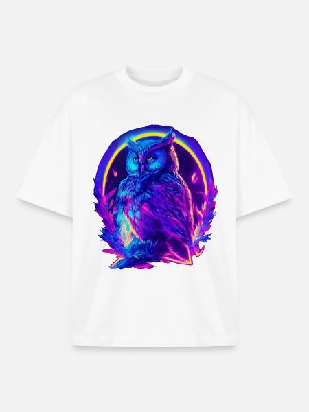 Mystically Glowing Owl Neon Synthwave - Boxy Heavyweight Unisex Organic T-Shirt by Stanley/Stella - white
