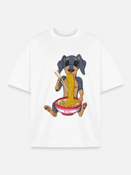 Funny Dachshund Eating Ramen Noodles Cartoon - Boxy Heavyweight Unisex Organic T-Shirt by Stanley/Stella - white