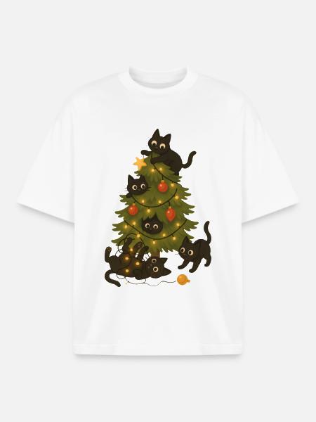 Funny Cats Playing Around Christmas Tree - Boxy Heavyweight Unisex Organic T-Shirt by Stanley/Stella - white