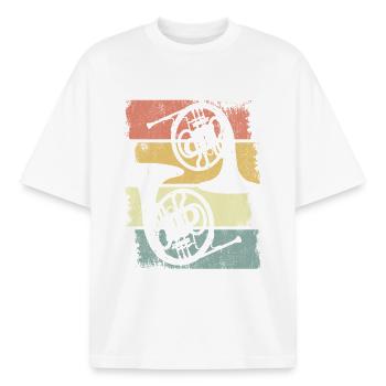 French Horns Drawing - Boxy Heavyweight Unisex Organic T-Shirt by Stanley/Stella - white - Front - AI Model Male 185 light (185cm) & AI Model Female 172 dark (172cm)