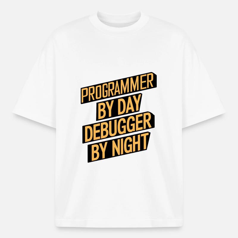 Programmer by Day, Debugger by Night - Boxy Heavyweight Unisex Organic T-Shirt by Stanley/Stella - white