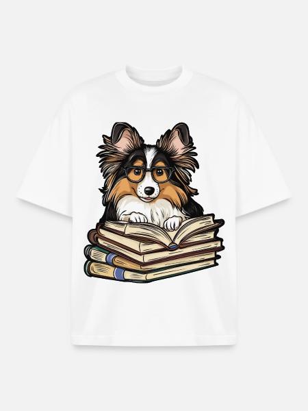 Süßes Sheltie-Hundelesebuch mit Brille - Boxy Heavyweight Unisex Organic T-Shirt von Stanley/Stella - Weiß
