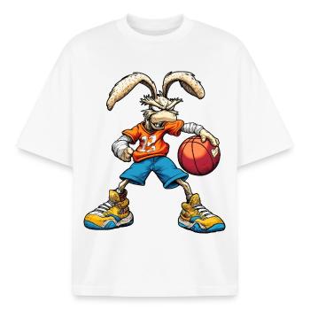 Bunny Basketball / Rabbit Baller - Boxy Heavyweight Unisex Organic T-Shirt by Stanley/Stella - white - Front - AI Model Male 185 light (185cm) & AI Model Female 172 dark (172cm)